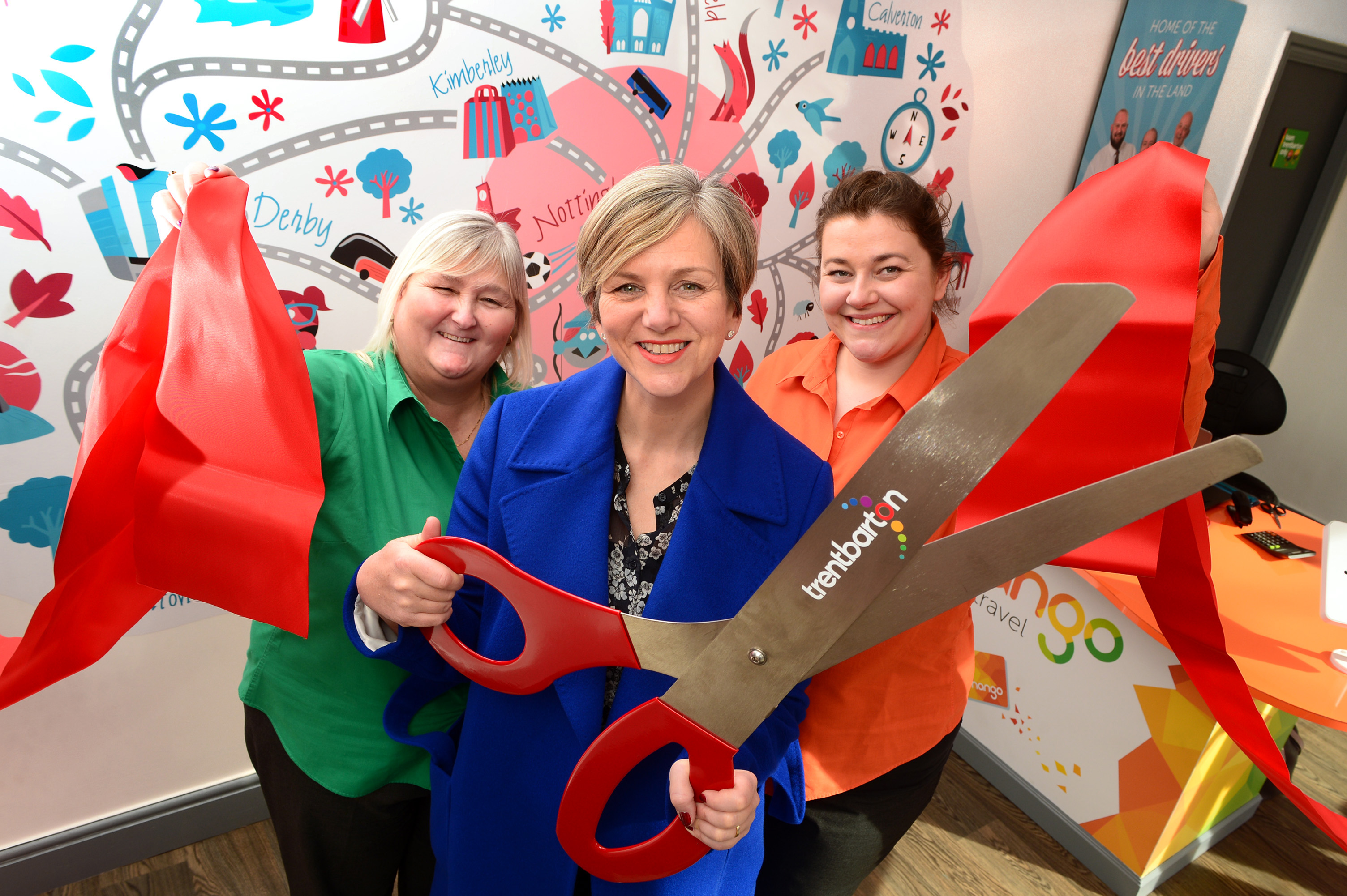 Lillian Greenwood MP (centre) with trentbarton's Angie Woodhouse (left) and Claire Chamberlain (right) at the new travel shop on Maid Marian Way. 
